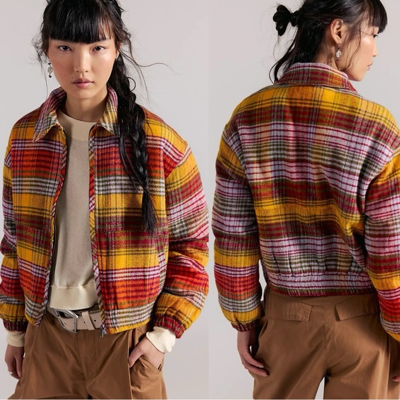 Free People Birdie Plaid Flannel Track Jacket Foliage Large NWT Preppy Bohemian